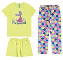 Pijama Infantil Feminino Brilha no Escuro 3 Peças:Camiseta, Bermuda e Calça Malwee Kids