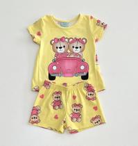 Pijama Infantil Feminino Kyly Amarelo Ursinhas Corações Blusa Shorts Menina Moda Kids Conforto