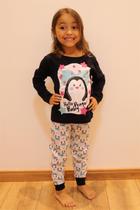 Pijama infantil inverno pinguim camiseta manga longa e calça de moletom flanelado com punho