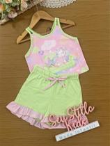 Pijama Infantil Kukiê Verão com Shorts Verde e Regata Rosa Unicórnio Hora de Dormir