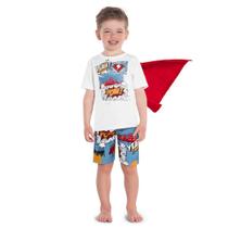 Pijama Infantil Kyly Camiseta com Capa e Shorts Brilha no Escuro Branco/Azul