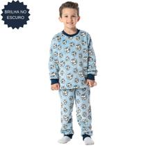Pijama Infantil Longo Futebol Inverno Brilha No Escuro Azul