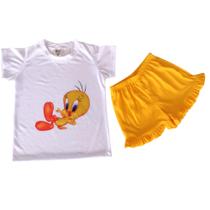 Pijama Infantil Manga Curta Com Estampa Passarinho Amarelo