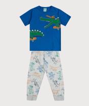 Pijama infantil manga curta e calça masculino, algodão com estampa jacare que brilha no escuro