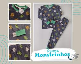 Pijama infantil manga longa em malha estampa monstrinhos