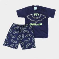 Pijama infantil masculino, manga curta e shorts, 100% algodão com estampa que brilha no escuro