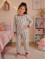 Pijama Infantil Menina Inverno em Malha Estampa Bailarina Pijama Feminino Roupa de Dormir Blusa Manga Longa e Calça com Punhos em Ribana