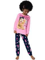 Pijama Infantil Menina Longo Brilha No Escuro Cachorrinha Rosa Tam 4 a 14 - Kyly
