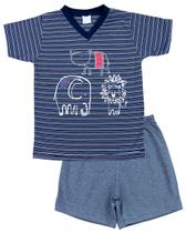 Pijama Infantil Menino Malha Listrada Silk Rinoceronte Elefante e Leão - Marinho - Ano Zero