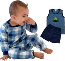 Pijama Infantil Menino Premium 4 PEÇAS P azul com branco ( xadrez)