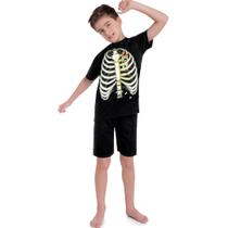 Pijama Infantil Menino Verão Esqueleto Brilha No Escuro 2 Peças Tam 4 a 12 - Preto Kyly