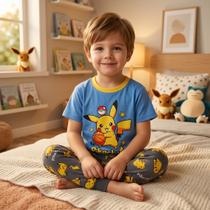 Pijama infantil Pokemom Pikachu 100% Algodão manga curta cor:AzulTamanho:2T