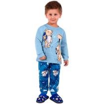 Pijama Infantil que Brilha no Escuro Inverno Moletom Flanelado Menino Brandili Azul Ursinhos