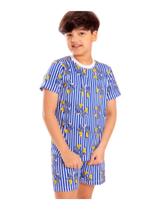Pijama Infantil Unissex Banana de Pijamas Branco Com Listras Azuis Curto Básico