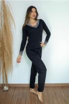 Pijama Joana Suede - Preto Com Prata (M)