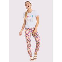 Pijama Juvenil Lunender Blusa Manga Curta e Calça em Viscose na cor Branca/Colorido