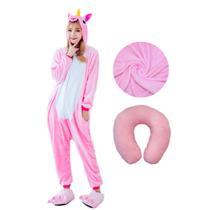 Pijama Kigurumi Adulto Unicórnio Rosa Fantasia Cosplay Macacão com Capuz Confortável Ganhe Almofada de Pescoço