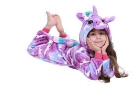 Pijama Kigurumi Infantil Unicórnio Estrela Estrelinha Roxa Fantasia Cosplay Pelúcia Macacão com Capuz Confortável