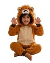 Pijama Leão Infantil Kigurumi Plush Quentinho Macacão Roupa de Dormir Com Capuz Macio Antialérgico Unissex
