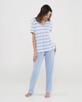 Pijama Longo Feminino Listrado Vigoré Azul Lohe