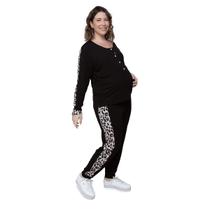 Pijama Longo Gestante Viscolycra Preto detalhe Onça
