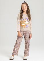 Pijama Longo Infantil Menina Bege Bicho Preguiça no Galho e Borboletas