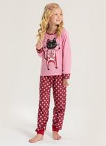 Pijama Longo Infantil Menina Rosa Blusa e Calça Gatinho Esqueleto