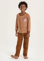 Pijama Longo Infantil Menino Marrom Blusa e Calça Ursinho Listrado