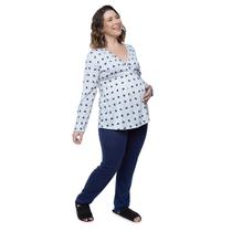 Pijama Longo Maternidade e amamentação Mescla Coração Linda Gestante