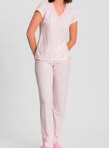 Pijama Longo Mensageiro Dos Sonhos 0141424 Feminino Listras Renda e Malha T. P/GG
