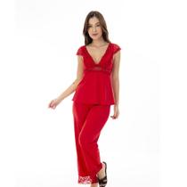 Pijama Longo Microfibra Vermelho Com Renda D'Rend 313