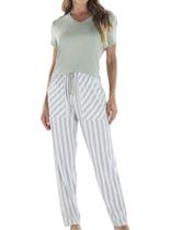 Pijama Longo Pzama 100265 Feminino Listrado Com Bolsos Viscolycra T. P/GG