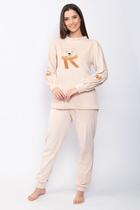 Pijama Longo Top Catz Plush Bordado Bege Pijama Longo Top Catz Plush Bordado Bege
