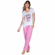 Pijama Longo Vekyo Modas Estampada Manga Curta Feminino Calça e Com Bolso Inverno