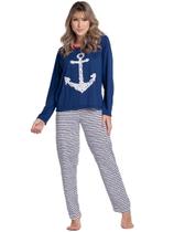 Pijama Malha Feminino Longo Âncora Calça e Blusa Inverno