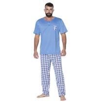 Pijama Malha Masculino Camisa Com Bolso Lisa Calça Estampada Pijama Malha Masculino Camisa Com Bolso Lisa Calça Estampada