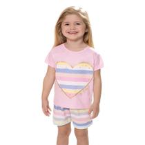 Pijama Manga Curta Estampa Coração e Short Listras - Izitex Pijama Manga Curta Estampa Coração e Short Listras - Izitex