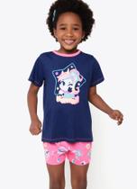 Pijama Manga Curta Puket Algodão Menina Unicórnio Kawaii Azul Marinho 1 a 6