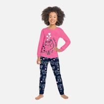 Pijama Manga Longa Gatinha Rosa Brilha no Escuro Infantil Menina Kyly 1000870