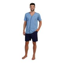 Pijama Masculino Aberto Curto Algodão Azul Elementar - 268034 Pijama Masculino Aberto Curto Algodão Azul Elementar - 268034