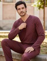 Pijama Masculino Adulto Manga Calça Longa Gola V Macio Quentinho Confortável Frio Inverno
