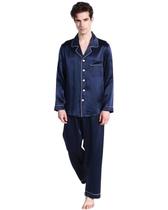 Pijama Masculino Alfredo em Cetim com Elastano Calça e Camisa Manga Longa com Bolso e Botões - Azul Marinho