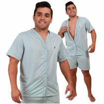 Pijama Masculino Curto Aberto Botão Pos Cirurgico Idoso