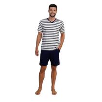Pijama Masculino Curto Viscolycra Listrado Marinho/Off - 268057
