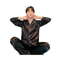 Pijama Masculino De Manga Longa Em Cor Sólida Com Lapela, Estilo Coreano, Roupas Casuais De Seda