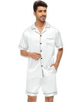 Pijama Masculino Marcos em Cetim com Elastano Short e Camisa Manga Curta com Bolso e Botões - Branco