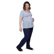 Pijama Maternidade Calça e Blusa Manga Curta Listras