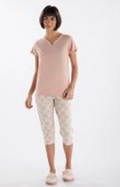 Pijama meia manga em meia malha com capri em malha rotativa feminino