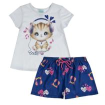 Pijama Menina Kyly Camiseta Algodão Estampa Gato Branco e Short Algodão Estampado com Coração Azul Marinho