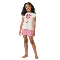 Pijama Menina Kyly Camiseta Algodão Estampa Girafa Off White e Short Estampado Corações Rosa